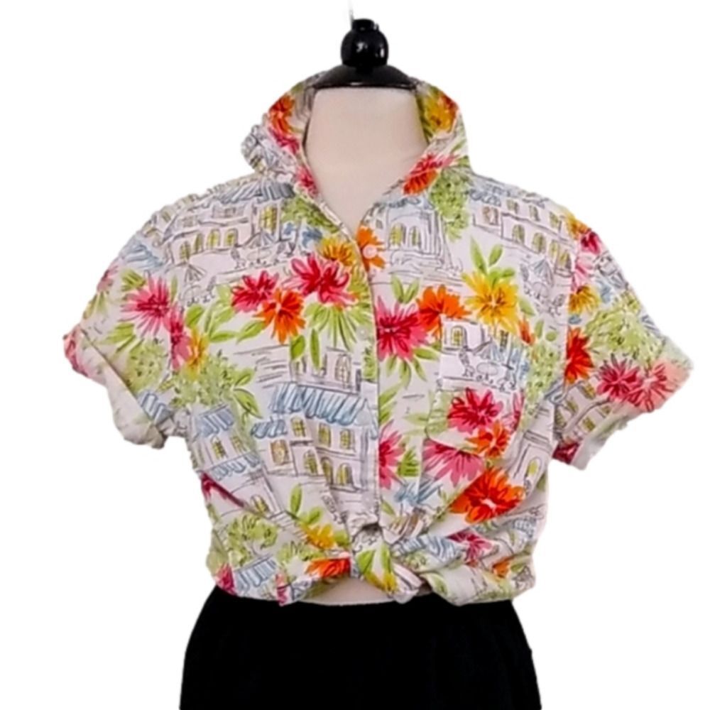 Vintage 90's Tropical Flower Print Linen Blouse large